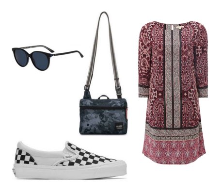 Women's Checkerboard Vans, Paisley Print Dress And Camouflage Print Bag Outfit