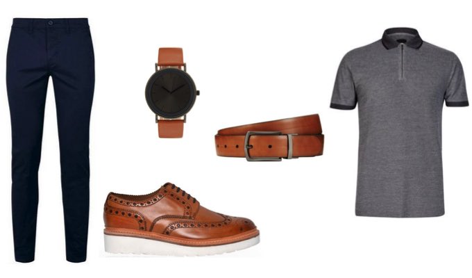 Men's Brown Leather Dress Shoes with Blue Chinos and Polo Shirt Otufit