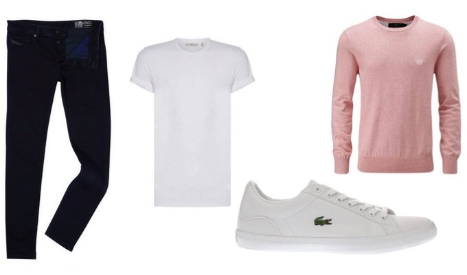 Men's Sockless Lacoste Trainers with Jeans and Pink Sweater Outfit