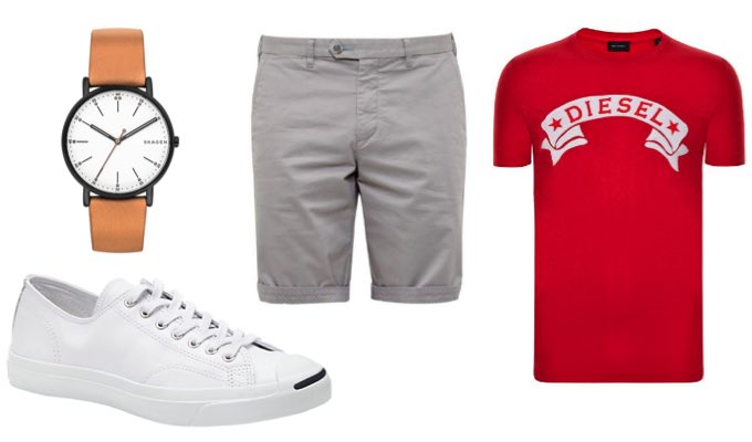 Men's Sockless White Summer Trainers with Grey Shorts and Red T-Shirt Outfit